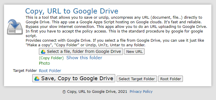 "Copy, URL to Google Drive"