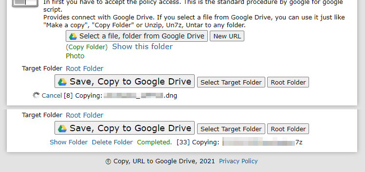 "Copy, URL to Google Drive"